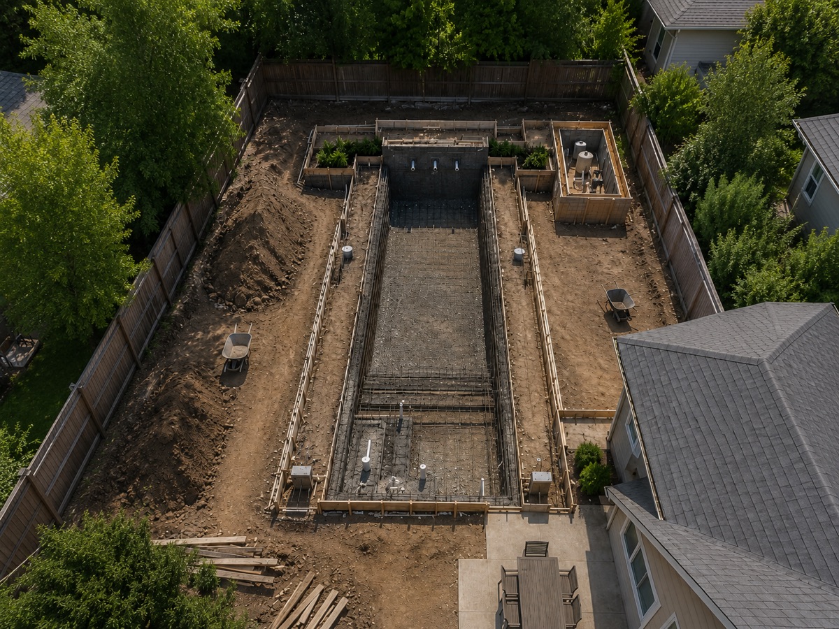 Excavated pool with steel and forms in place